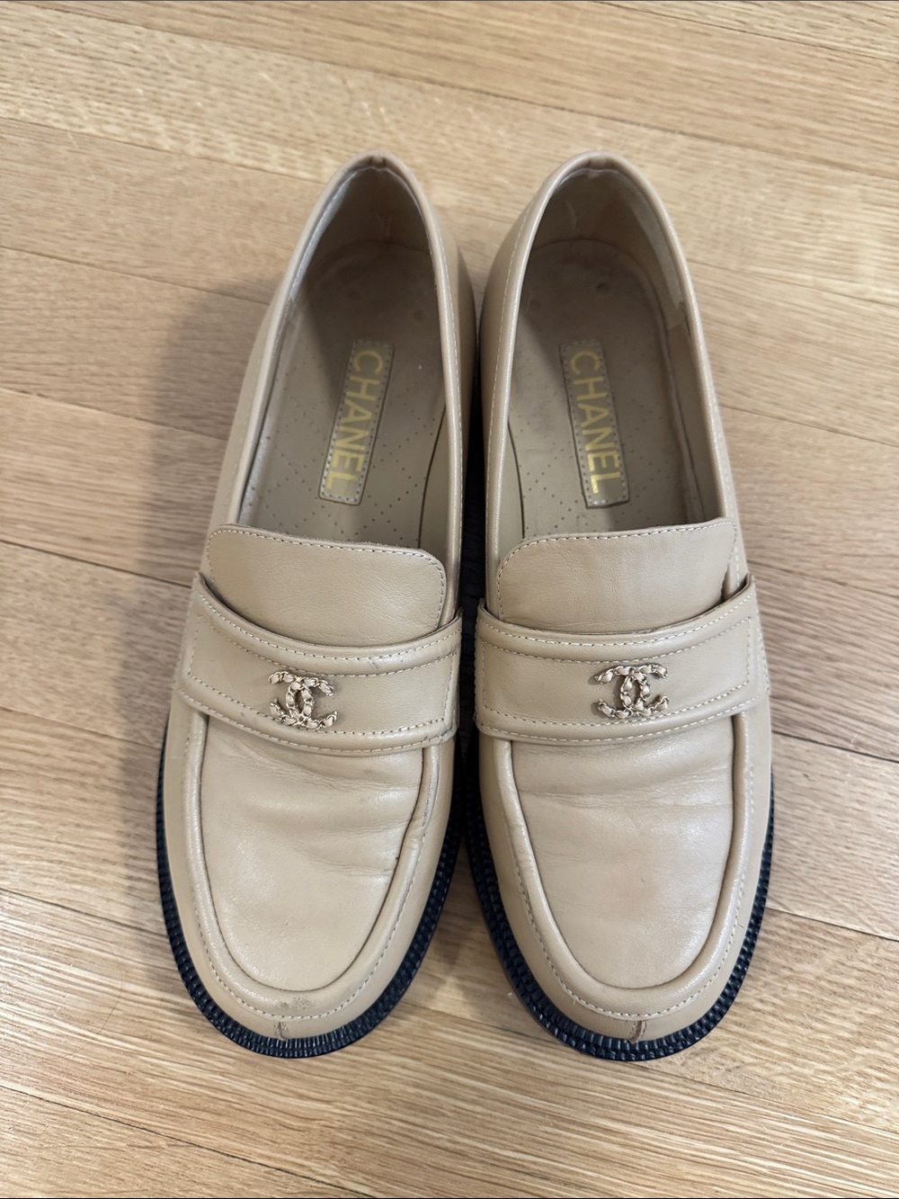 CHANEL Cream Leather Loafers with Gold CC Hardware